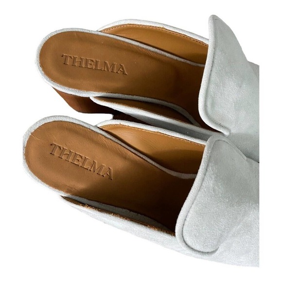 Anthro Thelma Ava Mule Sandals White Suede Leather Block Heel Pointed Slip On 39 - Picture 5 of 6